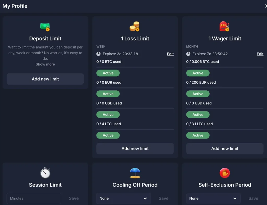 BitStarz review 19 BitStarz has very extensive deposit, loss and session limits, including cooling off period and self-exclusion periods up to forever time.