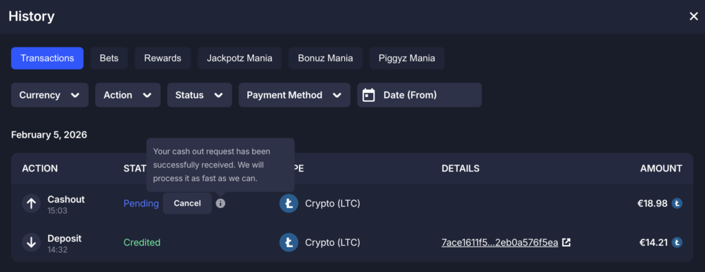 BitStarz review 12 BitStarz crypto transactions page and my first hand testing of deposits and withdrawals.