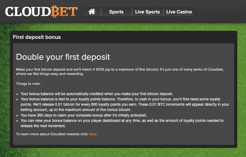 Cloudbet review 13 This is the huge 5 BTC first deposit bonus that Cloudbet had back in 2014. From Webarchive.
