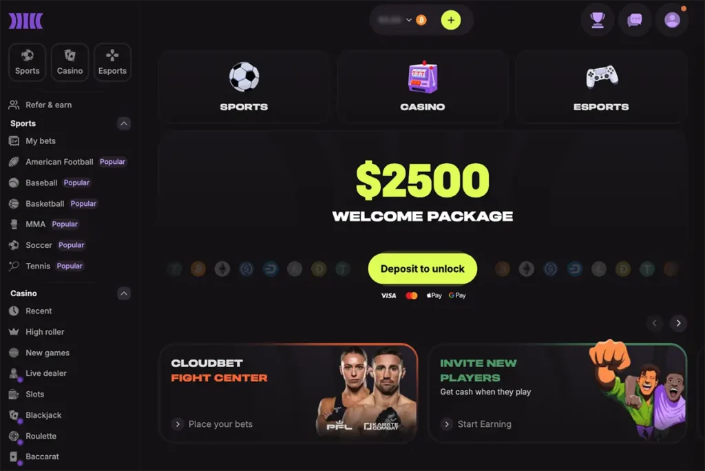 Cloudbet review 3 Cloudbet lobby has a dark and purple color scheme in 2026.