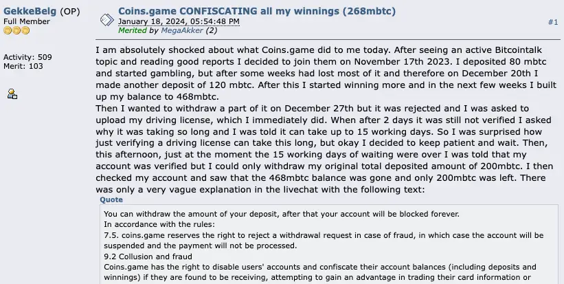 Coins.game review 6 Coins.game comments on Bitcointalk.org.