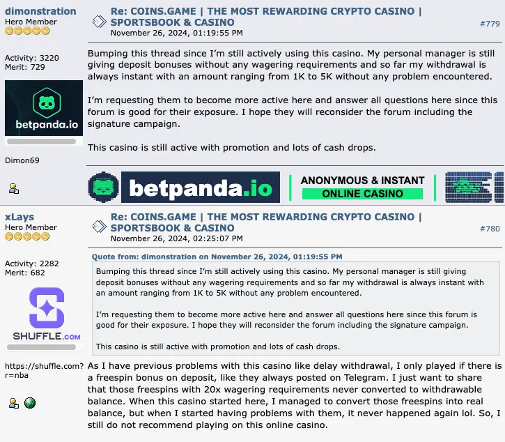 Coins.game review 7 Coins.game comments on Bitcointalk.org.