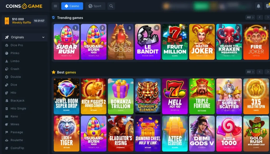 Coins.game review 11 Coins.game casino lobby looks like this.