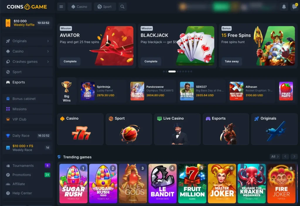 Coins.game review 2 Coins.game casino lobby looks like this.