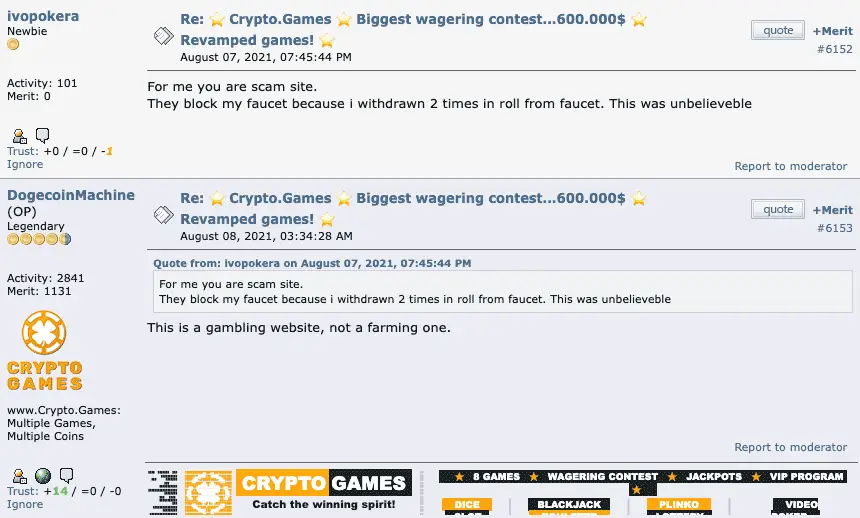 Crypto.games comment on Bitcointalk.
