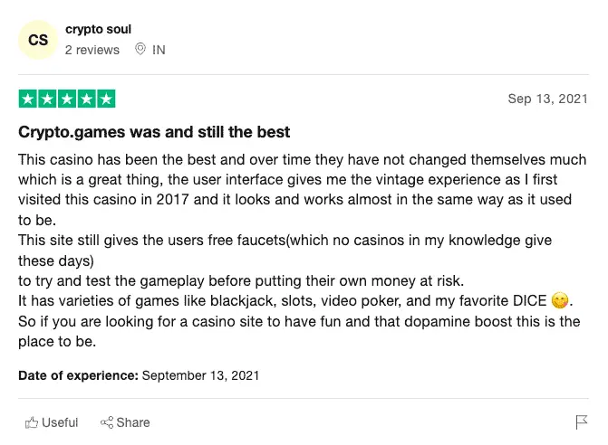 Crypto.games comment on Trustpilot.