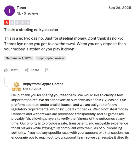 Crypto.games feedback on Trustpilot, 2026.