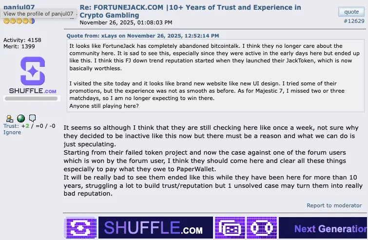 FortuneJack comment on BitcoinTalk.org