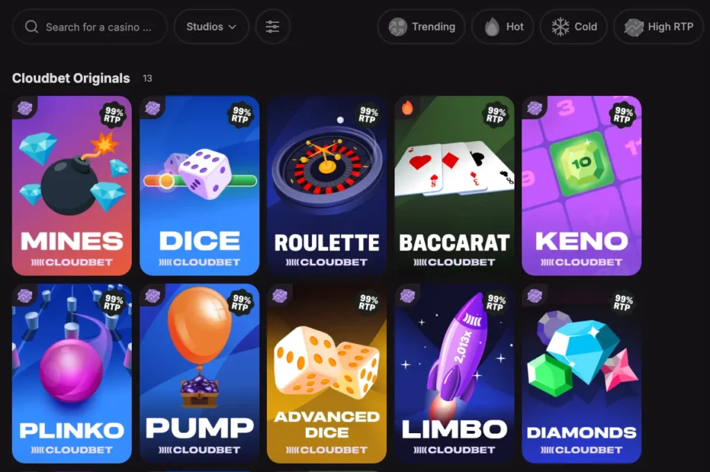 Cloudbet review 17 Here are the Cloudbet Originals, with a killer feature that shows the 99% RTP on each game logo. Very transparent!