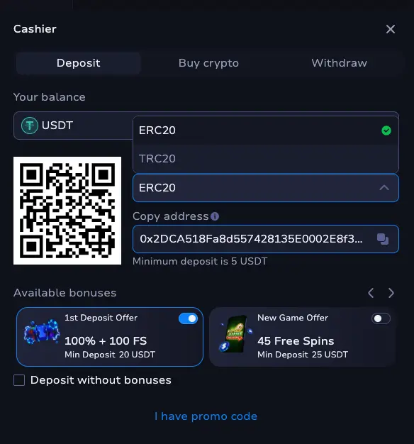 7Bit Casino review 9 The deposit screen on 7Bit Casino.