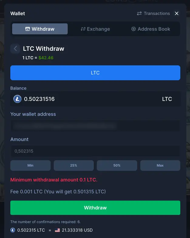 Coins.game review 9 Coins.game withdrawal screen for Litecoin.