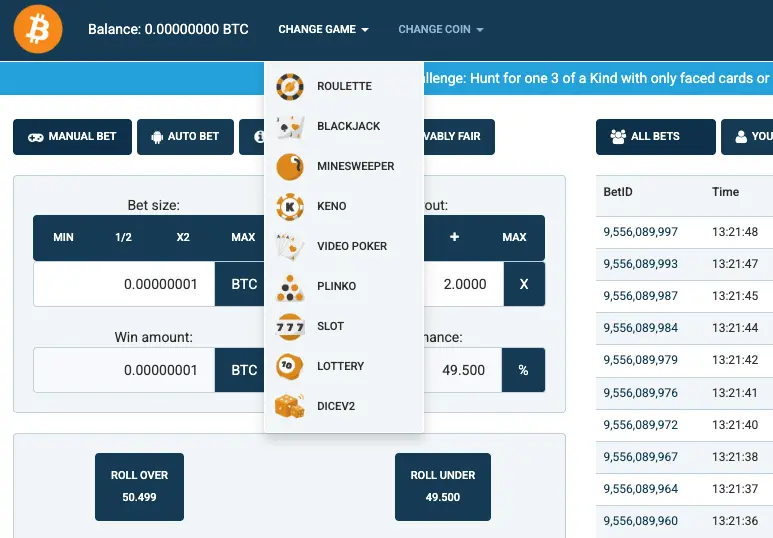 Crypto.games menu system and desktop usability.
