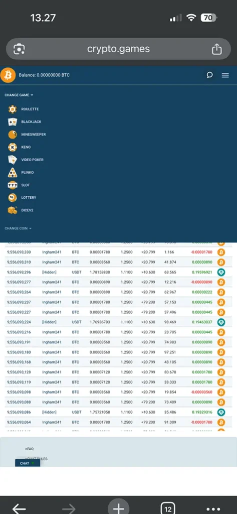 Crypto.games menu system and mobile usability.