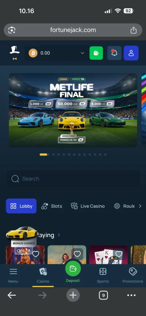 FortuneJack mobile casino outlook and functions.