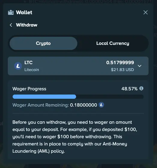 Stake review 18 Stake withdrawal screen (Litecoin) with 1x wagering process showed.