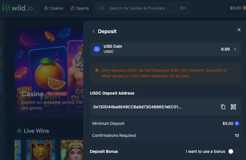 wild io deposit screen