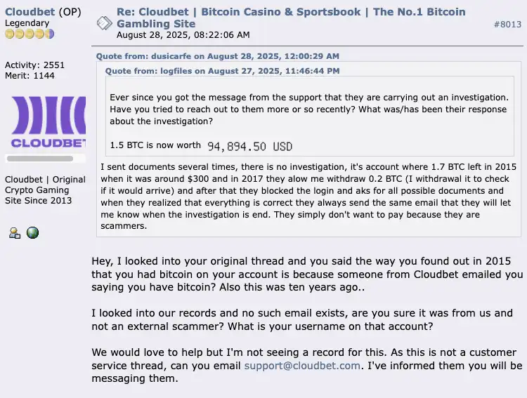 Cloudbet review 11 Cloudbet experiences from Bitcointalk.