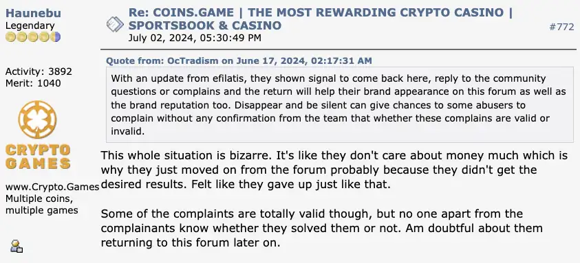 Coins.game review 5 Coins.game casino experiences on BitcoinTalk.org.