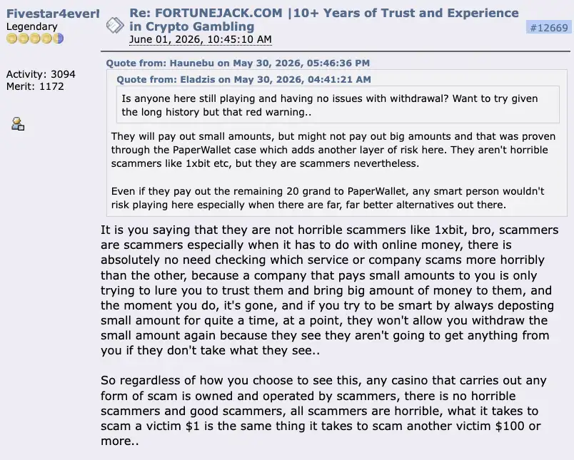 FortuneJack experiences on BitcoinTalk August 2026.