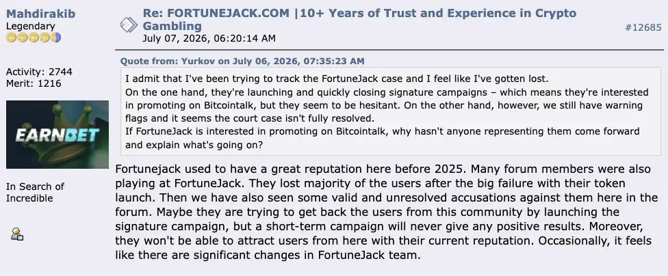 FortuneJack experiences on BitcoinTalk August 2026.