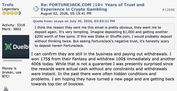 FortuneJack experiences on BitcoinTalk August 2026.