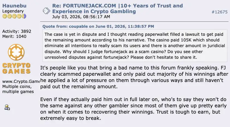 FortuneJack experiences on BitcoinTalk August 2026.