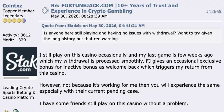 FortuneJack experiences on BitcoinTalk August 2026.