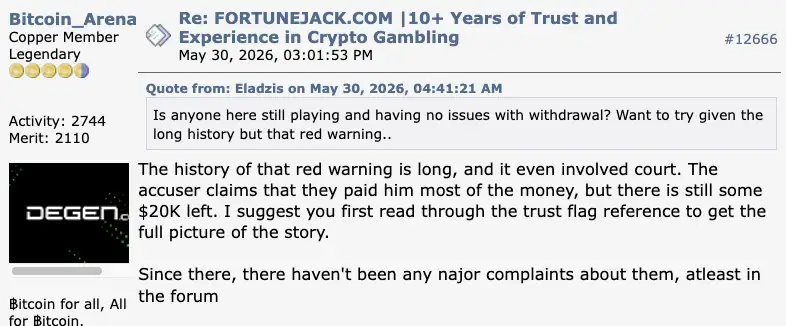 FortuneJack experiences on BitcoinTalk August 2026.