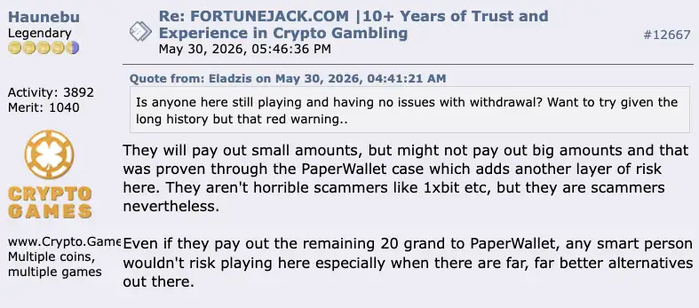 FortuneJack experiences on BitcoinTalk August 2026.