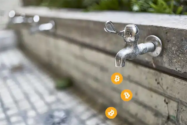 Bonuses for Crypto Casinos 16 A regular water faucet in a wall, dripping orange Bitcoins (photoshopped image). Representing Bitcoin Faucet bonuses.